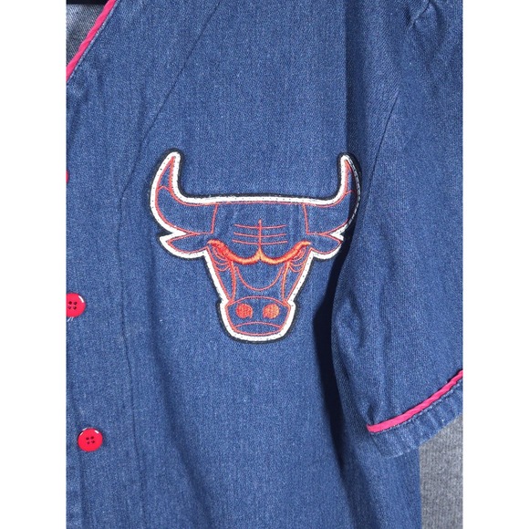 Vtg Y2K Chicago Bulls NBA Denim‎ Button Up Jersey Mens L Streetwear Hip-Hop - Picture 2 of 13